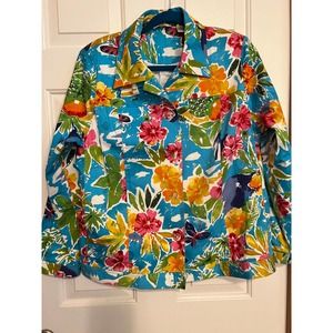 Laura Ashley Women's Long Sleeve Floral Sequin Button Jacket Teal‎ Size L
